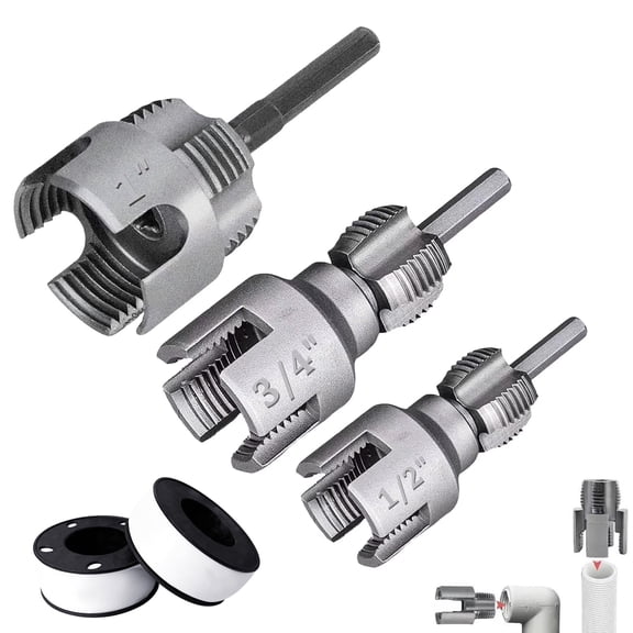 Dual-Function Pipe Threading Tool Kit (3-Piece Set) with 2 Rolls Teflon Tape Internal & External Pipe Thread Cutter for 1/2", 3/4", 1" PVC Pipes Electric Drill Compatible Pipe Threader for Home P