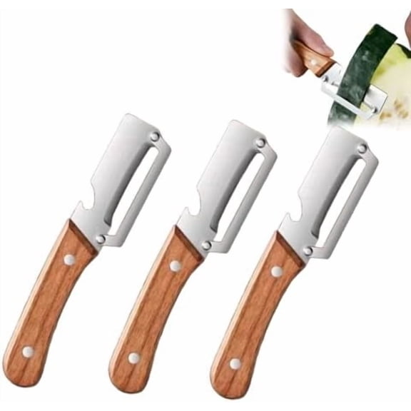 Dual Function Vegetable Peeler, 2 In 1 Stainless Steel Peeling Shredding Tool with Wooden Handle, Portable Kitchen Accessory Built In Bottle Opener for Home Cooking Prep