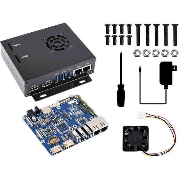 Dual Gigabit Ethernet Base Board Kit with Metal Case and Cooling Fan for Compute Module 4 Lite/EMMC Series, with DSI Ports/CSI Camera Ports/Gigabit ETH Ports/40Pin GPIO Header