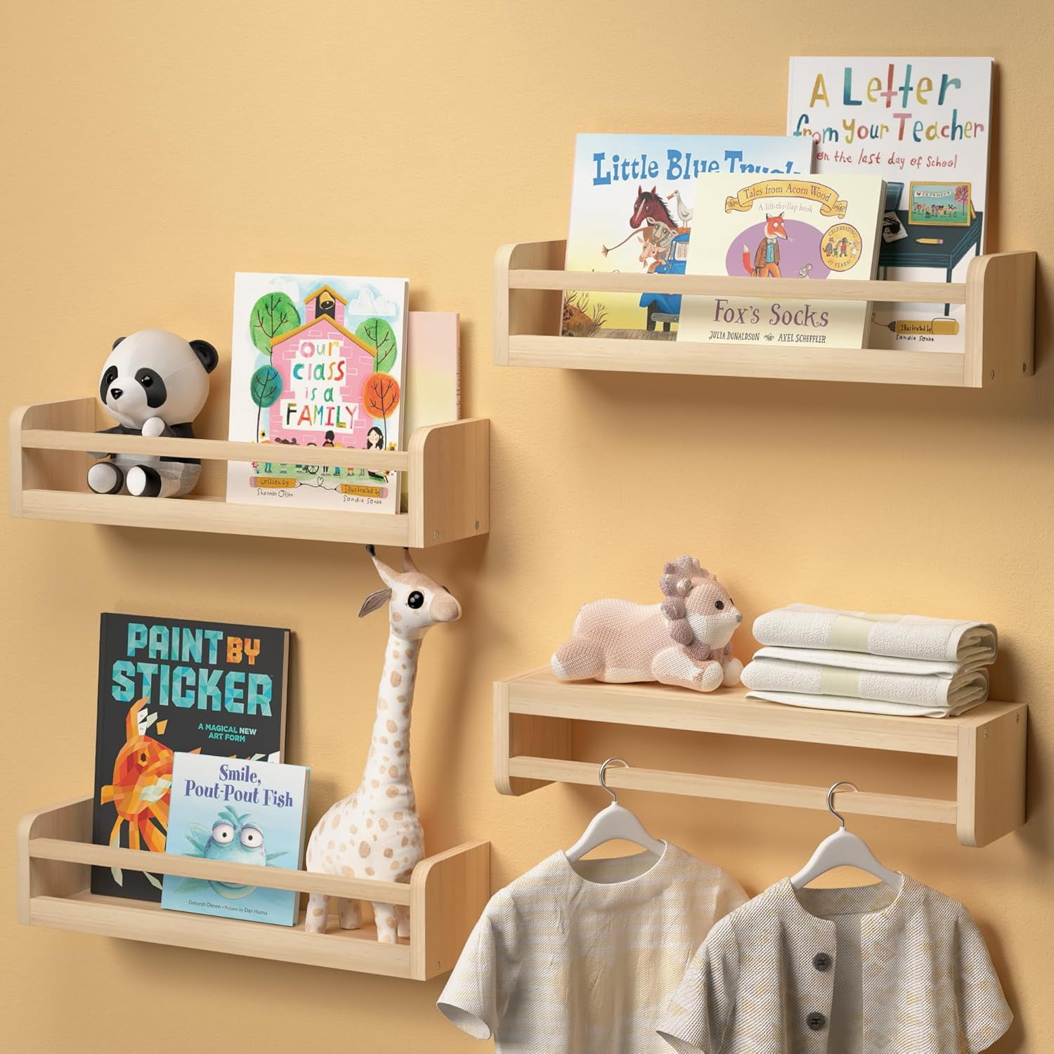 Dual-Guard Nursery Book Shelves Set of 4, Floating Shelves for Nursery ...