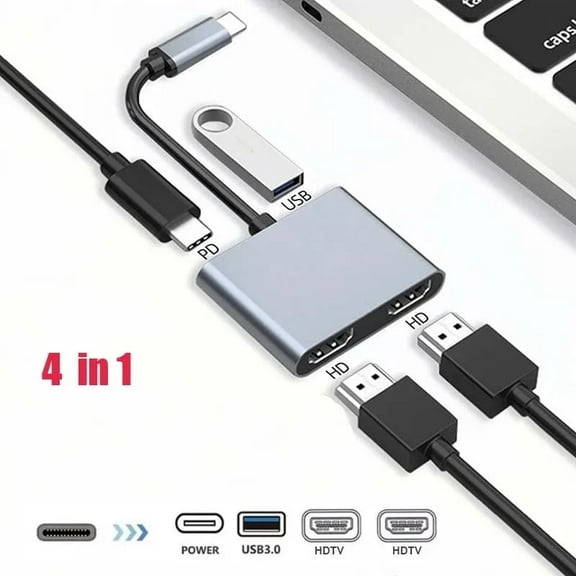KSRplayer Dual HDMI Adapter for 2 Monitors, 4-in-1 USB-C to Dual HDMI Cable 4K@30Hz with 100W PD Charging & USB-A 3.0 Port, Multi-color