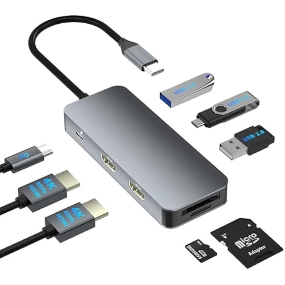 Dual HDMI Adapter for 2 Monitors, Laptop Docking Station Dual Monitor, HDMI Splitter for Dual Monitors, 4K@60hz Double Monitor Adapter, USB C Docking Station for Dell/HP/Mac Laptop