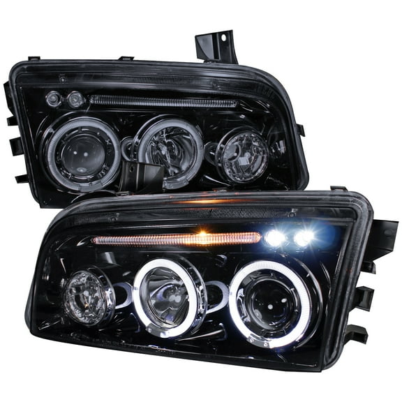 Dual Halo Projector Headlights (Black Housing/Smoke Lens) Made for and Compatible with 2005-2010 Dodge Charger