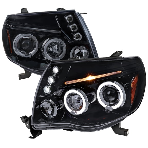 Dual Halo Projector Headlights (Black Housing/Smoke Lens) Made for and Compatible with 2005-2011 Toyota Tacoma