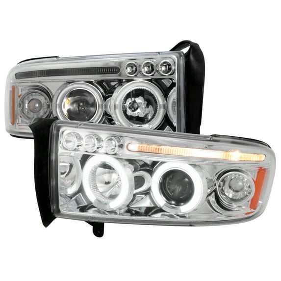 Dual Halo Projector Headlights (Chrome Housing/Clear Lens) Made for and Compatible with 1994-2001 Dodge RAM 1500 2500 3500