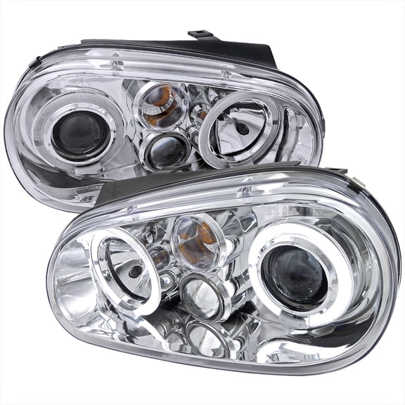 Dual Halo Projector Headlights (Chrome Housing/Clear Lens) Made for and Compatible with 1999-2006 Volkswagen Golf Mk4 GTI/R32 Cabrio