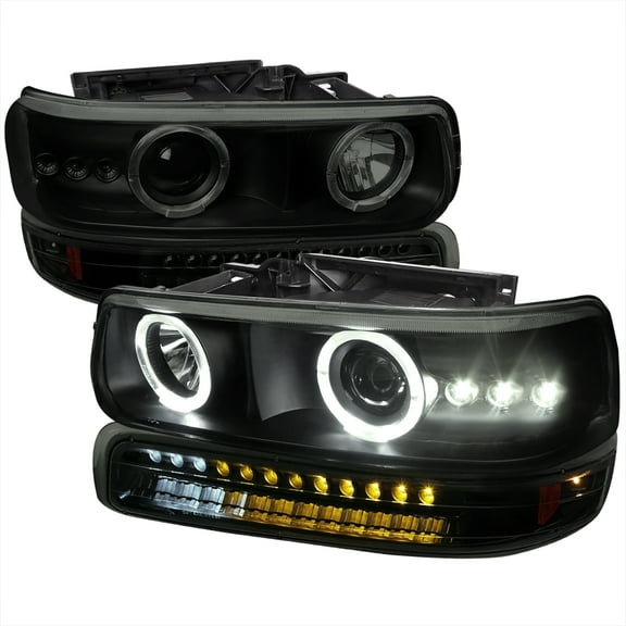 Dual Halo Projector Headlights with LED Sequential Turn Signal Bumper Lights (Black Housing/Smoke Lens) Made for and Compatible with 1999-2002 Chevrolet Silverado/ 2000-2006 Chevrolet Tahoe/Suburban