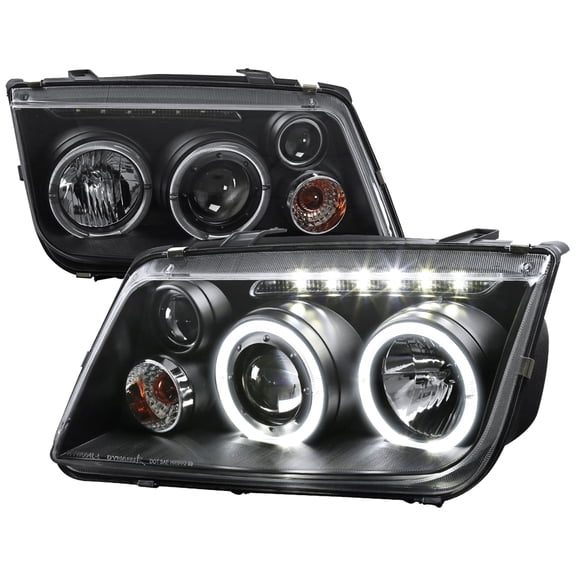 Dual Halo Projector Headlights w/ LED Light Strip (Black Housing/Clear Lens) Made for and Compatible with 1999-2005 Volkswagen Jetta/Bora Mk4