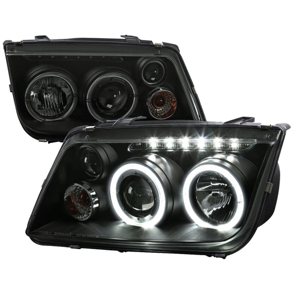 Dual Halo Projector Headlights w/ LED Light Strip (Black Housing/Smoke Lens) Made for and Compatible with 1999-2005 Volkswagen Jetta/Bora Mk4
