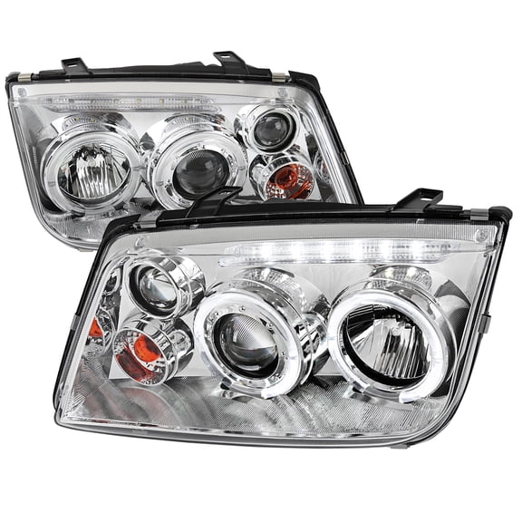 Dual Halo Projector Headlights w/ LED Light Strip (Chrome Housing/Clear Lens) Made for and Compatible with 1999-2005 Volkswagen Jetta/Bora Mk4