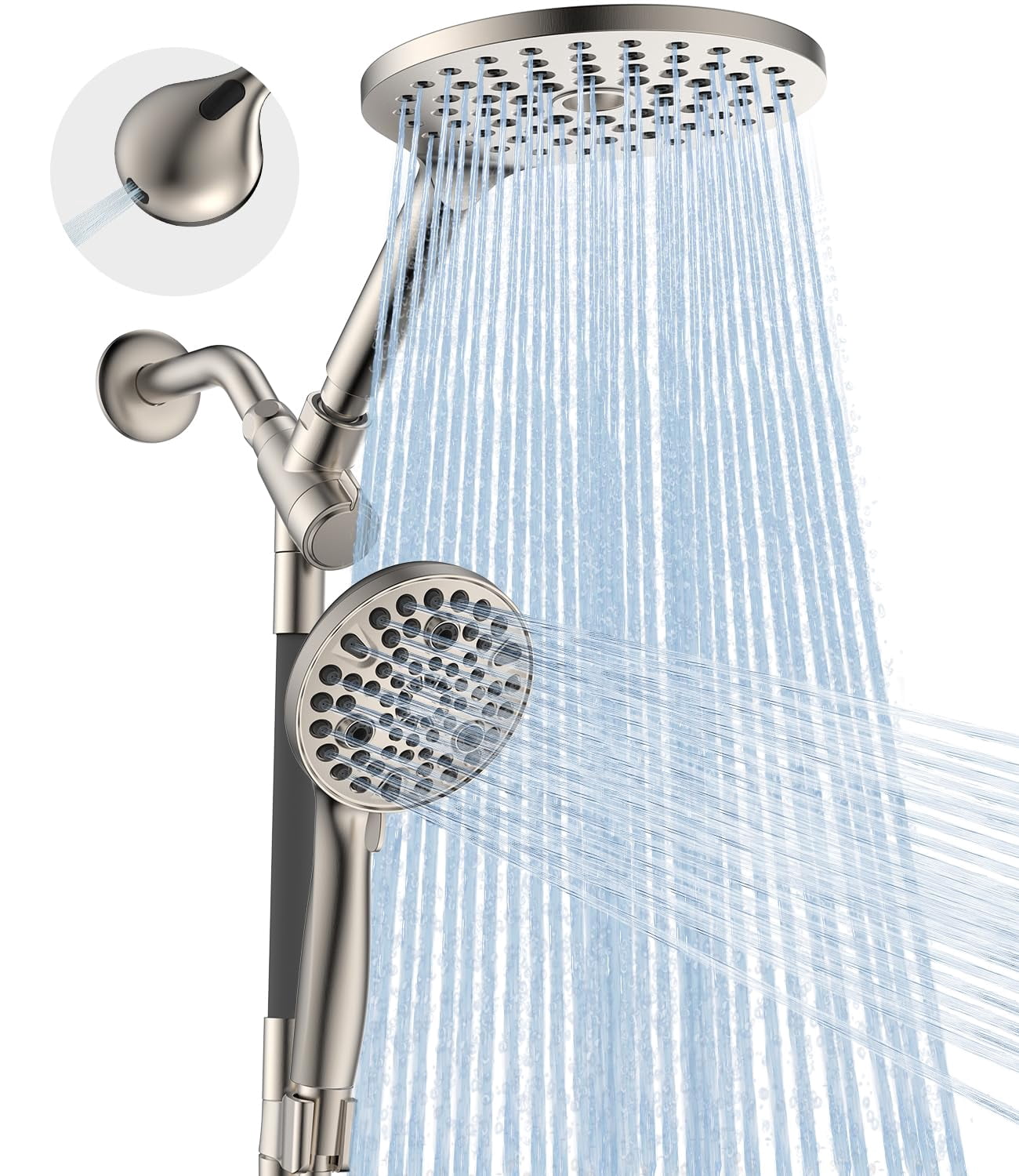 Dual Handheld Shower Head Combo  2-in-1 Rain Heads System 8 Inch Rainfall And 10 Modes High Hand Held Showerhead With Built-in Power Wash