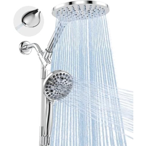 Dual Handheld Shower Head Combo, 2-in-1 Rain Shower Heads System 8 Inch Rainfall Shower Head and 10 Modes High Pressure Hand Held Showerhead with Built-in Power Wash Chrome,Standard-Round