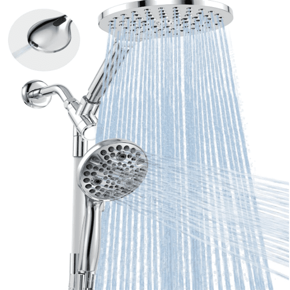Dual Handheld Shower Head Combo, 2-in-1 Rain Shower Heads System 8 Inch Rainfall Shower Head and 10 Modes High Pressure Hand Held Showerhead with Built-in Power Wash
