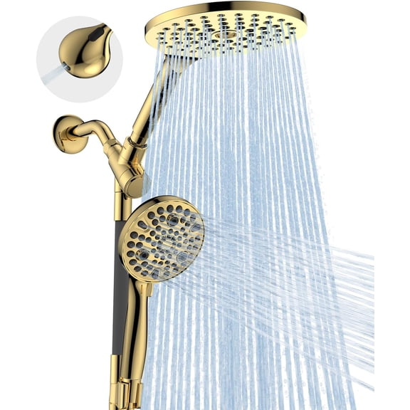 Dual Handheld Shower Head Set, 2-in-1 Rainfall & Adjustable Handheld Shower System with 10 Spray Modes, 8 Inch Standard Round Gold Polished ABS Wall Mounted Waterfall Style