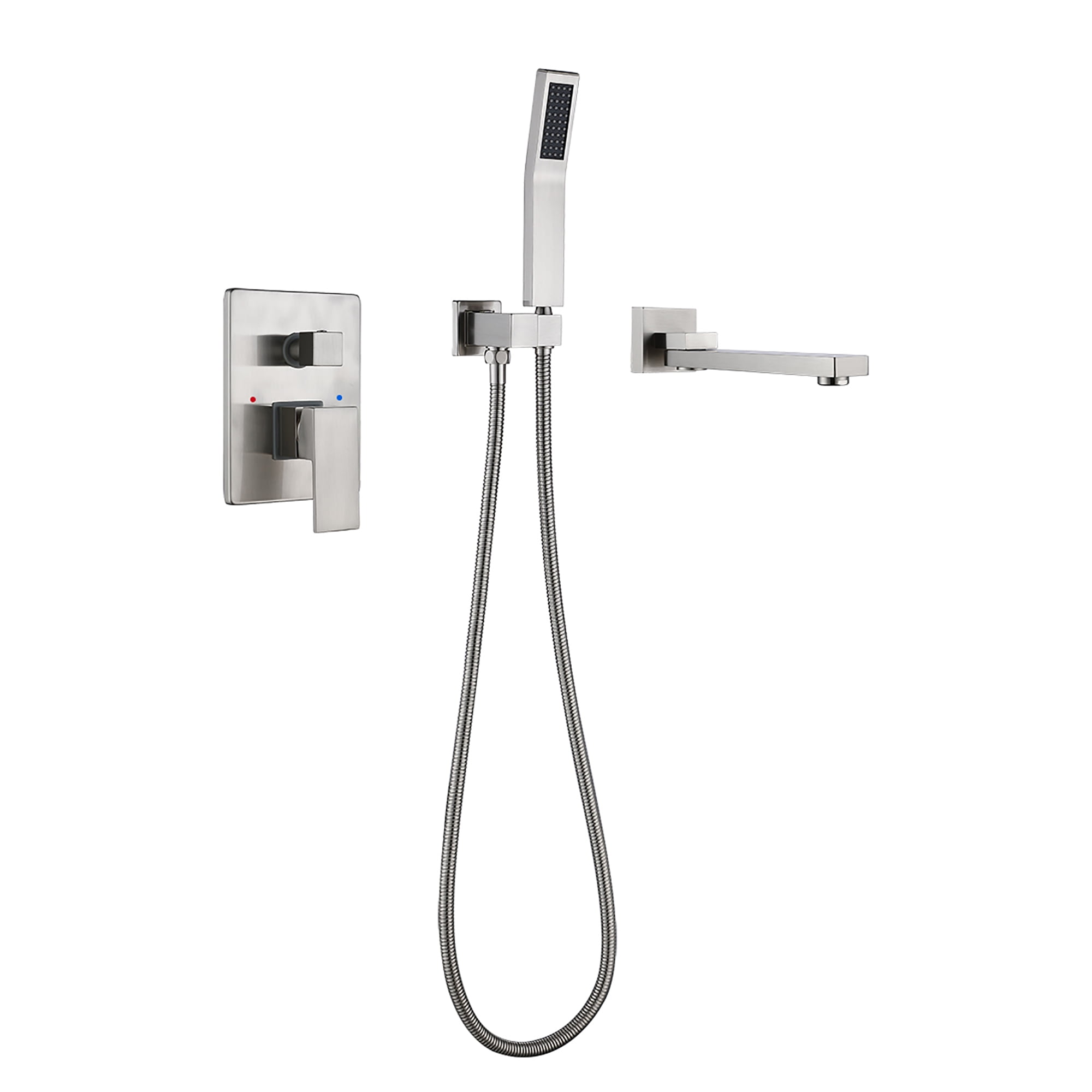 Dual Handle Wall Mounted Bathroom Tub Filler with Hand Shower, Brass Matte Black Waterfall Bathtub Faucet, Brushed Nickel