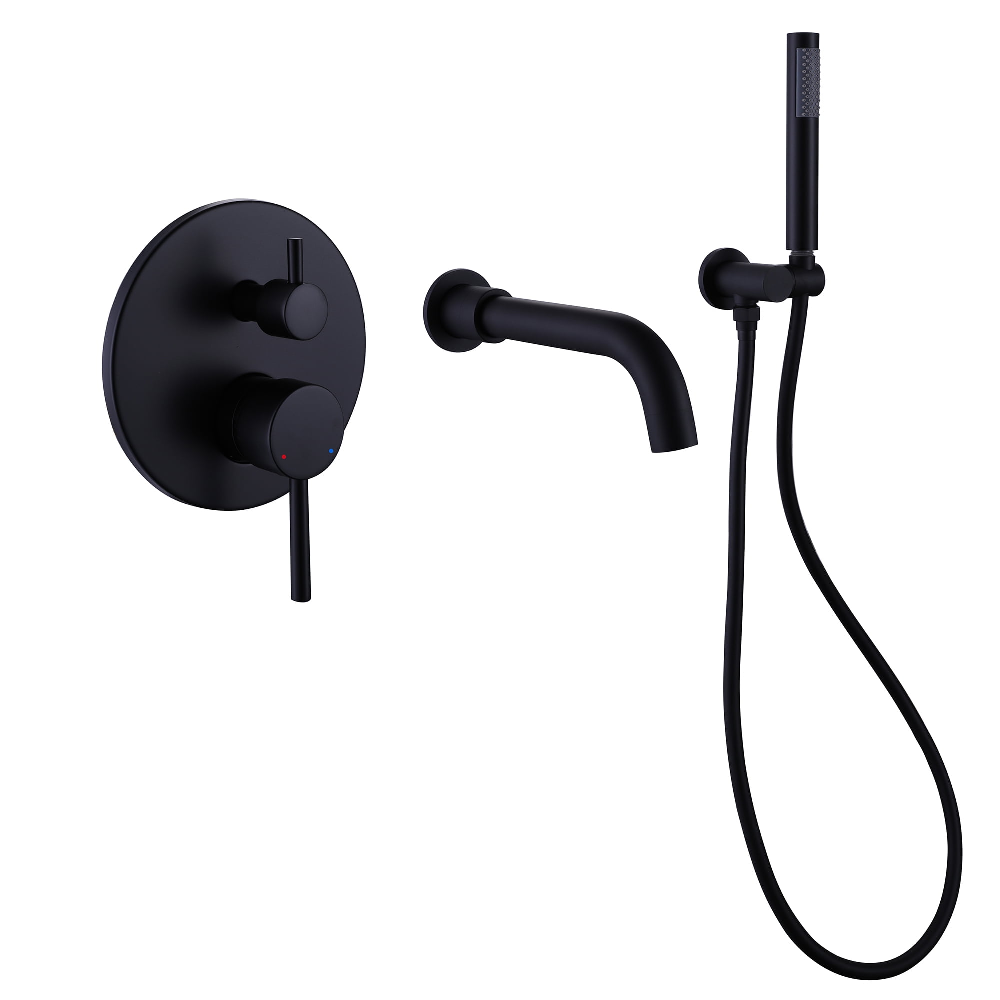 Dual Handles Wall Mounted Bathroom Tub Filler with Hand Shower, Solid Brass Matte Black Waterfall Bathtub Faucet