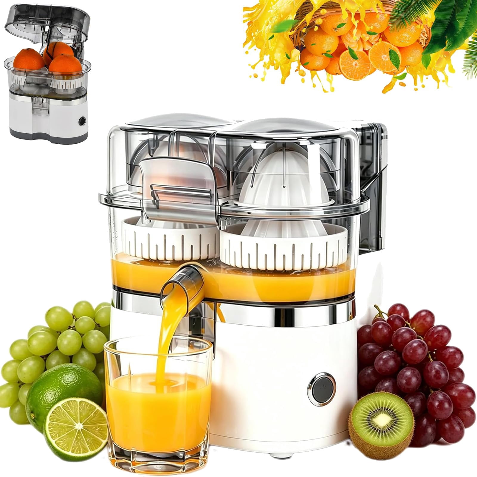 Dual-Head Automatic Citrus Juicer, 18000RPM Electric Lemon Squeezer, Electric Orange Juicer Machine with Built-in Cutter and Cleaning Brush, 1-Button Orange Lemon Lime Squeezer for Kitchen