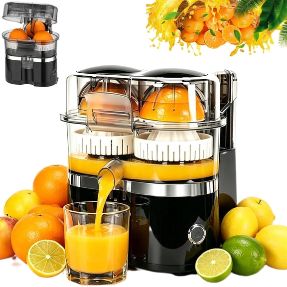 Dual-Head Automatic Citrus Juicer, 18000RPM Electric Lemon Squeezer, Electric Orange Juicer Machine with Built-in Cutter and Cleaning Brush, 1-Button Orange Lemon Lime Squeezer for Kitchen