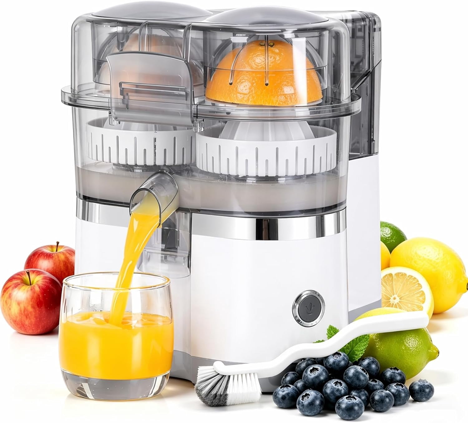 Dual-Head Automatic Citrus Juicer, 18000RPM Electric Lemon Squeezer, Electric Orange Juicer Machine with Built-in Cutter and Cleaning Brush, 1-Button Orange Lemon Lime Squeezer for Kitchen (White)