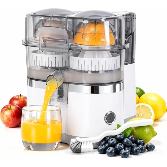 Dual-Head Automatic Citrus Juicer, 18000RPM Electric Lemon Squeezer, Electric Orange Juicer Machine with Built-in Cutter and Cleaning Brush, 1-Button Orange Lemon Lime Squeezer for Kitchen (White)