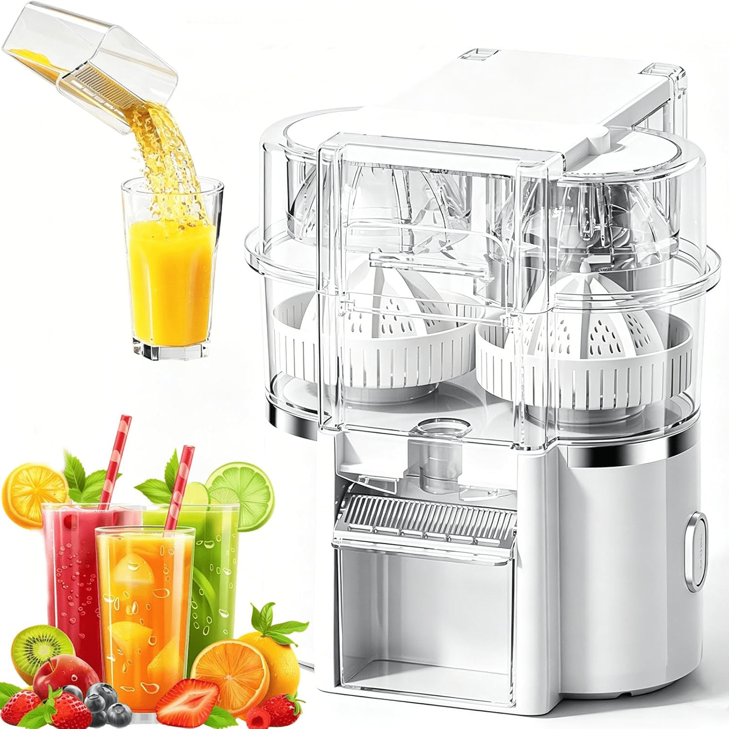 Dual-Head Automatic Citrus Juicer, 2026 Upgraded Detachable Dual-Head Electric Citrus Juicer with Built-in Cutter and Cleaning Brush, Electric Orange Juicer Machine for Home (White)