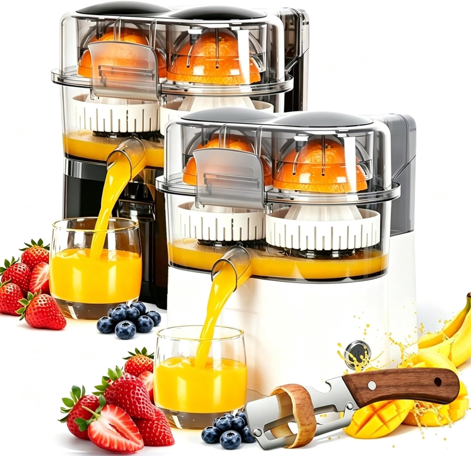 Dual-Head Automatic Citrus Juicer, Dual-Head Electric Citrus Juicer, 2-Speed One-Touch Juicing Machine with Built-in Cutter and Cleaning Brush, High juice yield, Orange Lime Squeezer for Kitchen (C)