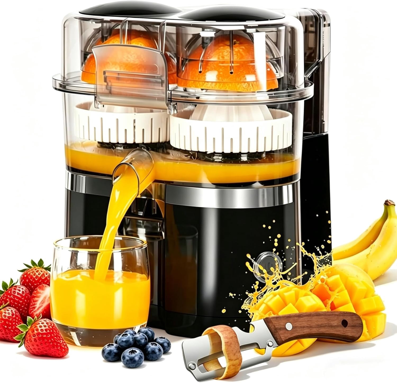 Dual-Head Automatic Citrus Juicer, Dual-Head Electric Citrus Juicer, 2-Speed One-Touch Juicing Machine with Built-in Cutter and Cleaning Brush, High juice yield, Orange Lime Squeezer for Kitchen (B)