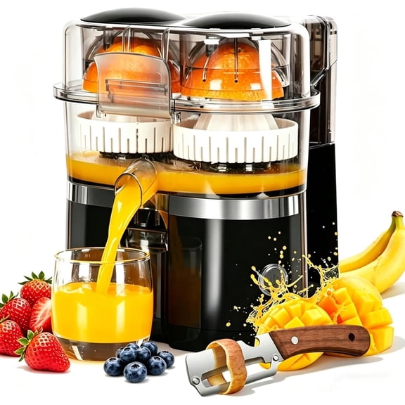 Dual-Head Automatic Citrus Juicer, Dual-Head Electric Citrus Juicer, 2-Speed One-Touch Juicing Machine with Built-in Cutter and Cleaning Brush, High juice yield, Orange Lime Squeezer for Kitchen (B)