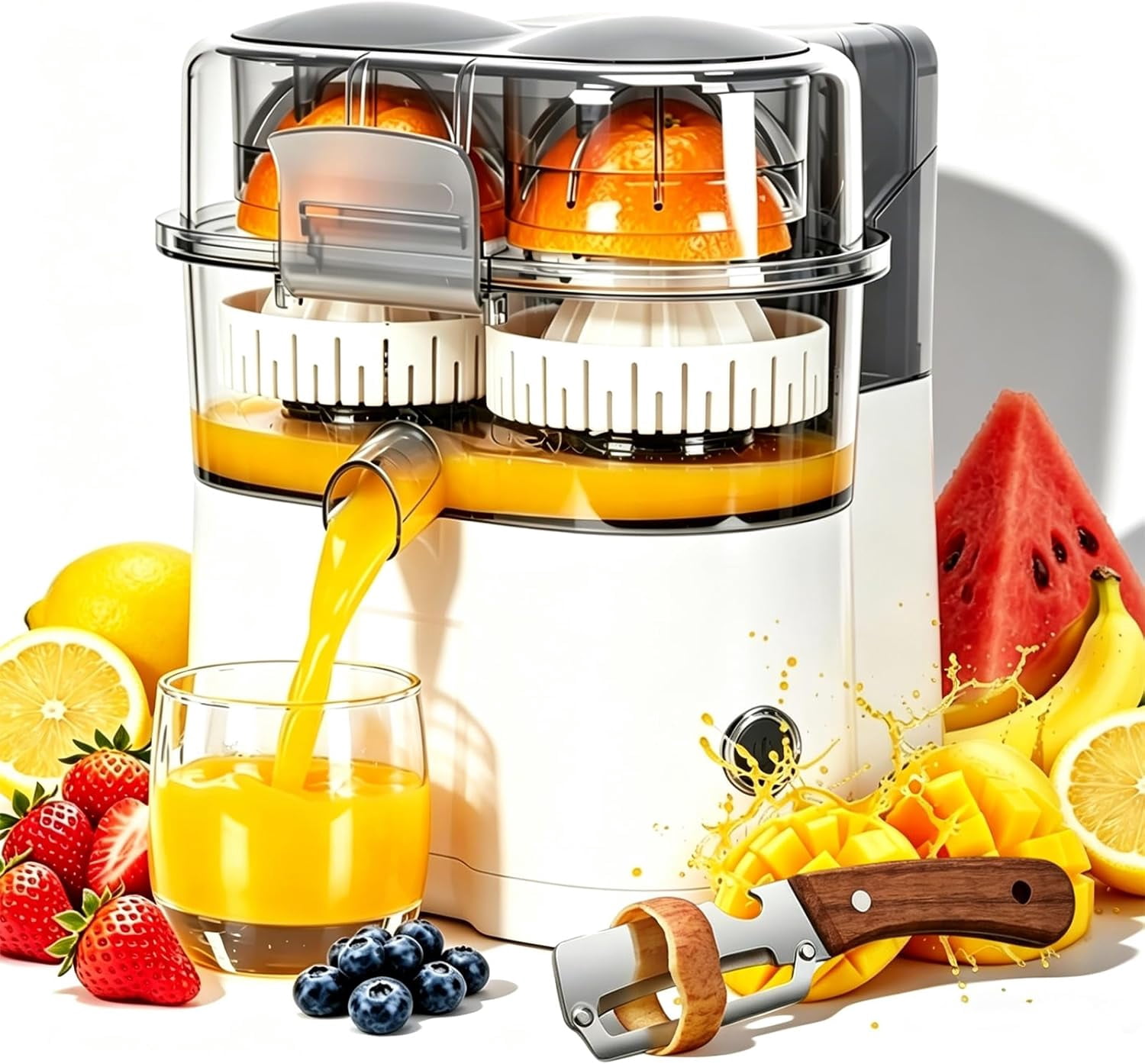 Dual-Head Automatic Citrus Juicer, Dual-Head Electric Citrus Juicer, 2-Speed One-Touch Juicing Machine with Built-in Cutter and Cleaning Brush, High juice yield, Orange Lime Squeezer for Kitchen (A)