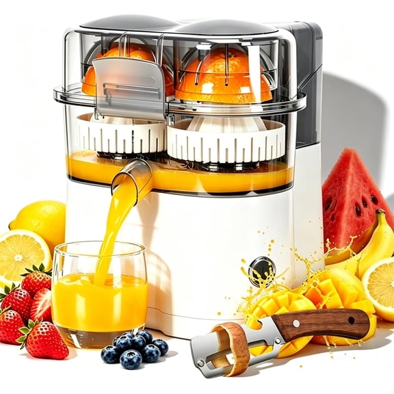 Dual-Head Automatic Citrus Juicer, Dual-Head Electric Citrus Juicer, 2-Speed One-Touch Juicing Machine with Built-in Cutter and Cleaning Brush, High juice yield, Orange Lime Squeezer for Kitchen (A)