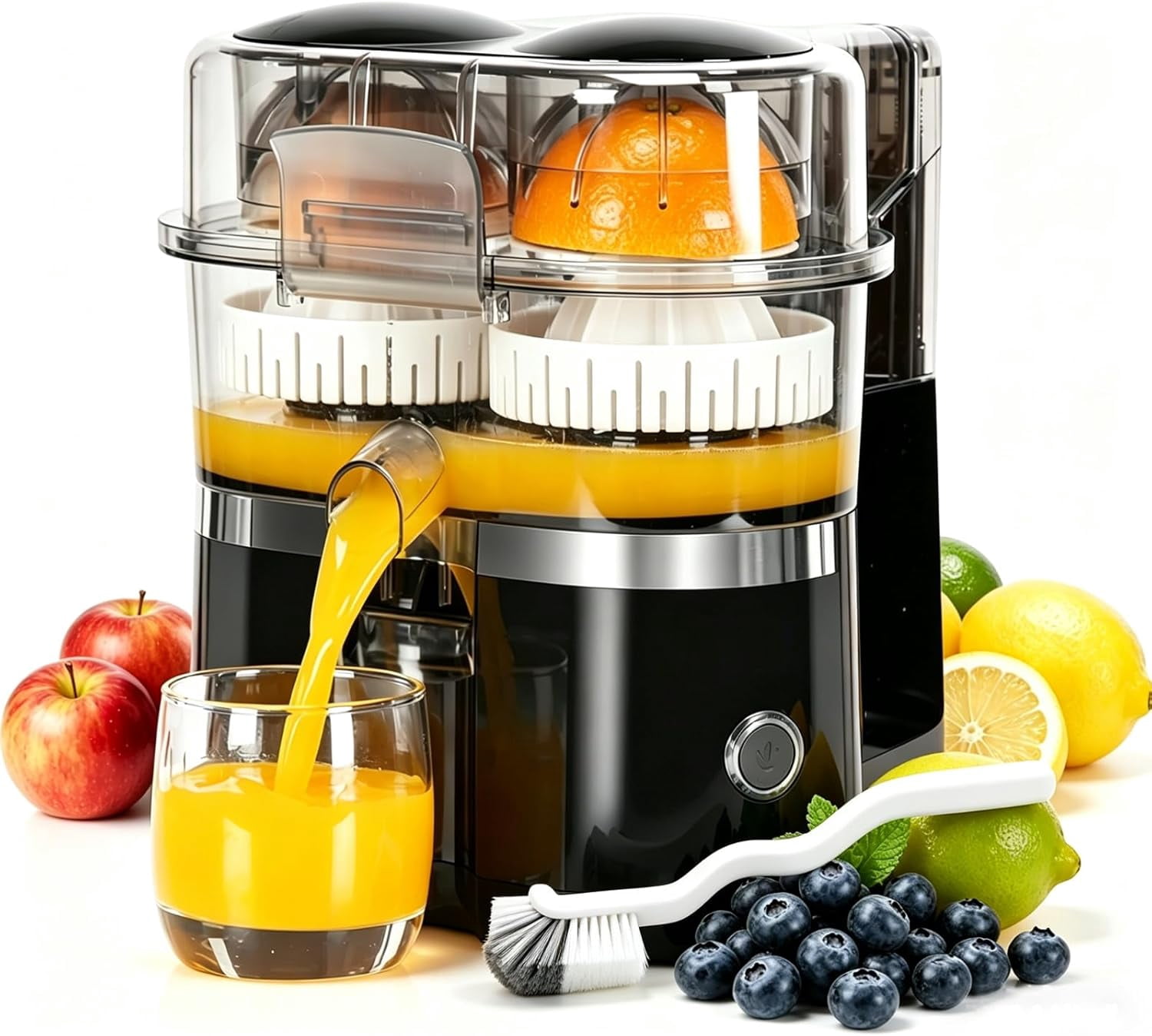 Dual-Head Automatic Citrus Juicer, Dual-Head Electric Citrus Juicer, Electric Orange Juicer Machine with Built-in Cutter and Cleaning Brush, 1-Button Orange Lemon Lime Squeezer for Kitchen (Black)