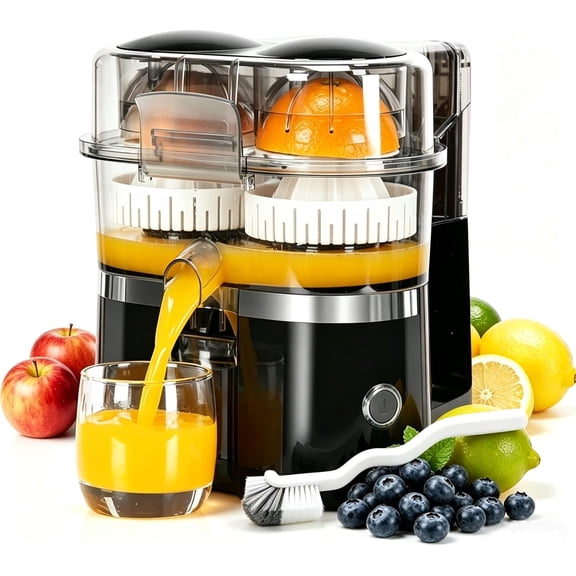 Dual-Head Automatic Citrus Juicer, Dual-Head Electric Citrus Juicer, Electric Orange Juicer Machine with Built-in Cutter and Cleaning Brush, 1-Button Orange Lemon Lime Squeezer for Kitchen (Black)
