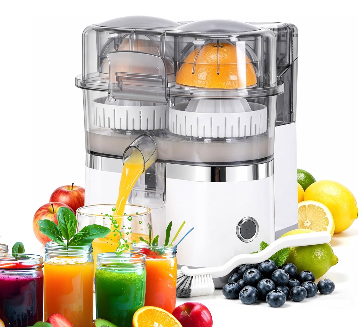 Dual-Head Automatic Citrus Juicer, Dual-Head Electric Citrus Juicer, Electric Orange Juicer Machine with Built-in Cutter and Cleaning Brush, 1-Button Orange Lemon Lime Squeezer for Kitchen (White)