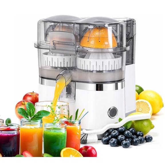 Dual-Head Automatic Citrus Juicer, Dual-Head Electric Citrus Juicer, Electric Orange Juicer Machine with Built-in Cutter and Cleaning Brush, 1-Button Orange Lemon Lime Squeezer for Kitchen (White)