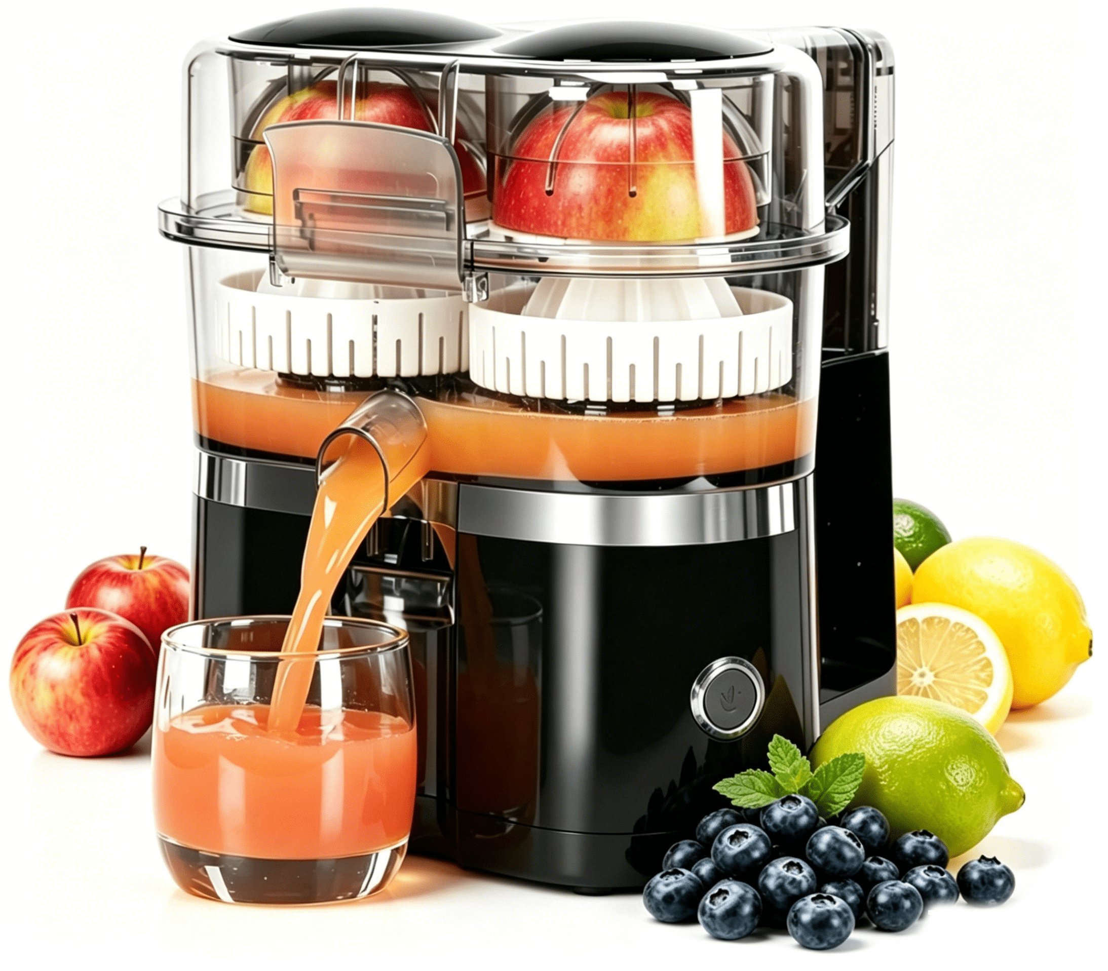 Dual-Head Automatic Citrus Juicer, Dual-Head Electric Citrus Juicer, Electric Orange Juicer Machine with Built-in Cutter and Cleaning Brush, 1-Button Orange Lemon Lime Squeezer for Kitchen (Black)