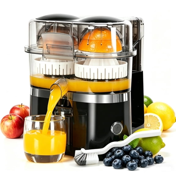 Dual-Head Automatic Citrus Juicer, Dual-Head Electric Citrus Juicer, Electric Orange Juicer Machine with Built-in Cutter and Cleaning Brush, 1-Button Orange Lemon Lime Squeezer for Kitchen
