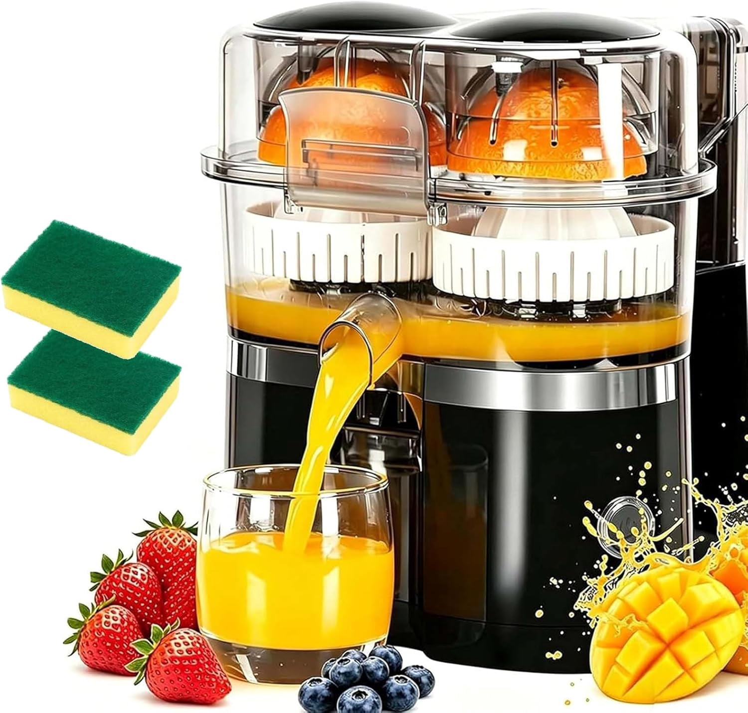 Dual-Head Automatic Citrus Juicer, Dual-Head Electric Citrus Juicer, Portable Lemon Squeezer Machine with Built-In Cutter and Cleaning Brush, One-Touch Squeezer for Orange & Lemon (#A)
