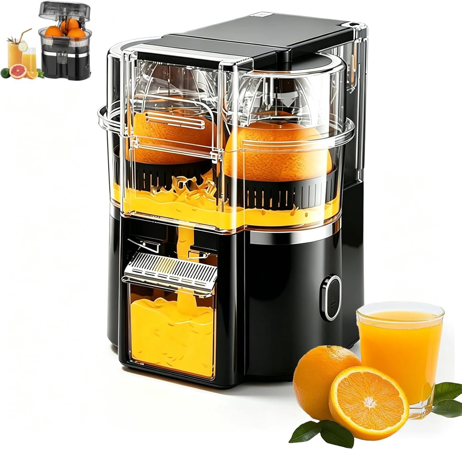 Dual-Head Automatic Citrus Juicer, Electric Juicer Machines with Double Head and Built-In Fruit Cutter, 100w Automatic Orange & Lemon Squeezer, For Home Detachable & Easy to Clean (Black)