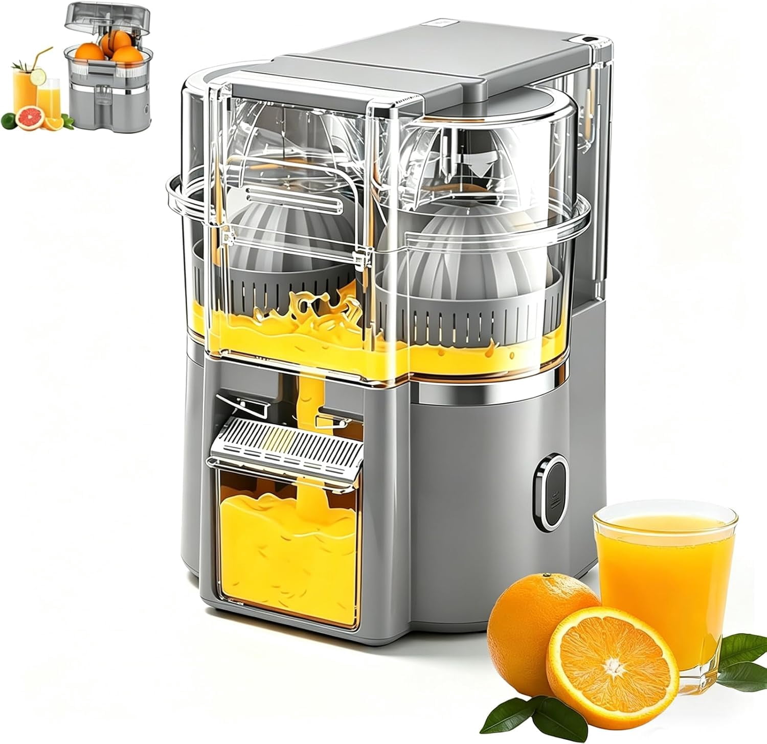 Dual-Head Automatic Citrus Juicer, Electric Juicer Machines with Double Head and Built-In Fruit Cutter, 100w Automatic Orange & Lemon Squeezer, For Home Detachable & Easy to Clean (Grey)