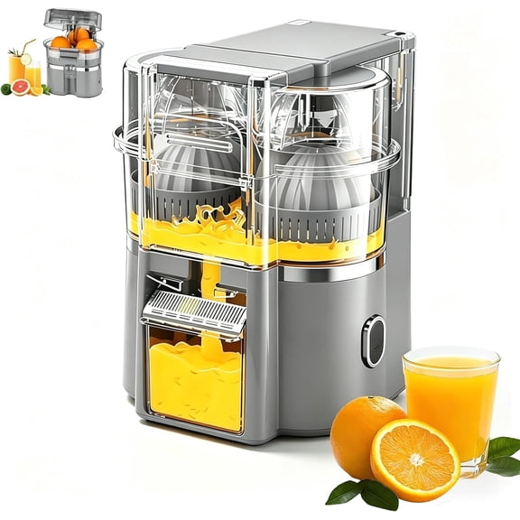 Dual-Head Automatic Citrus Juicer, Electric Juicer Machines with Double Head and Built-In Fruit Cutter, 100w Automatic Orange & Lemon Squeezer, For Home Detachable & Easy to Clean (Grey)