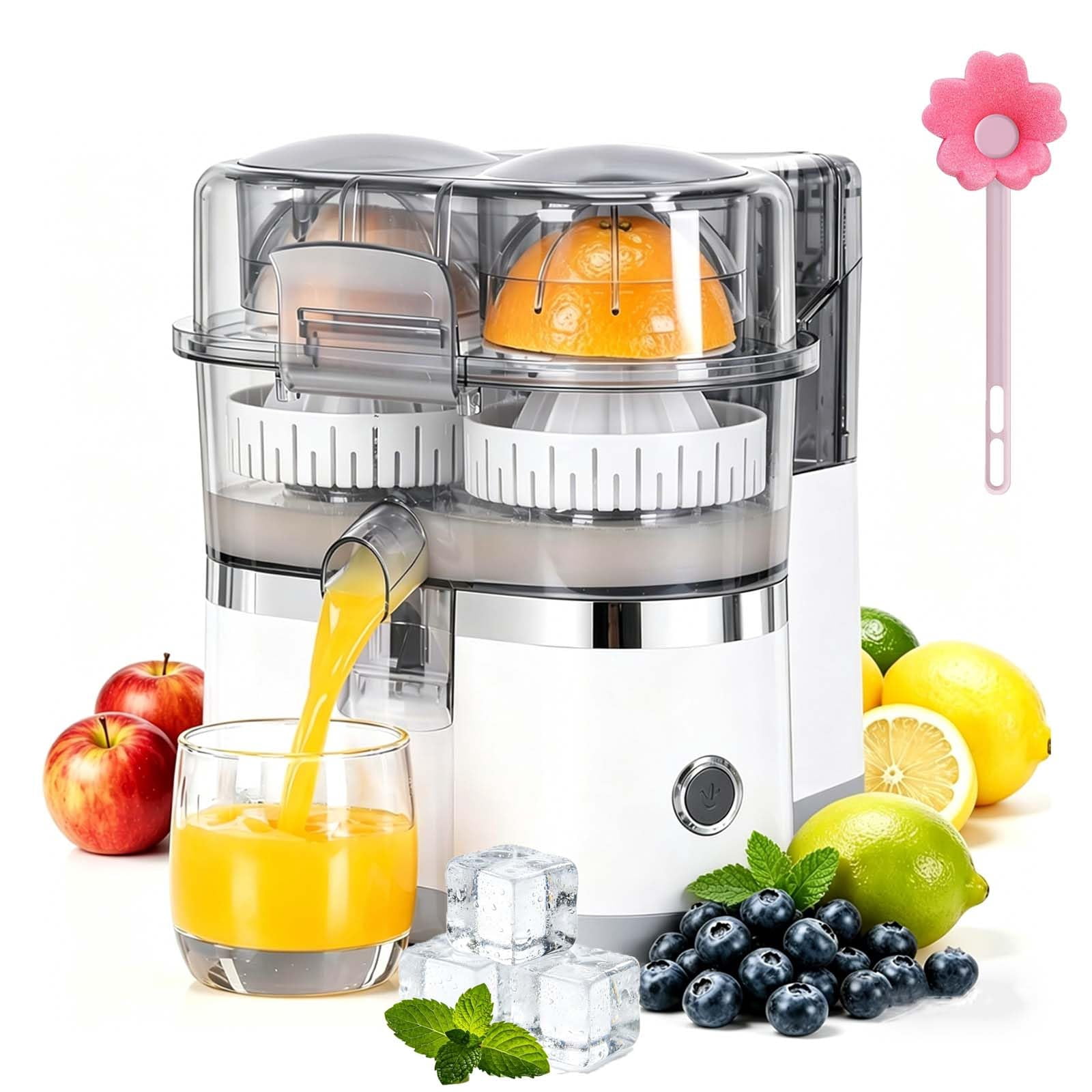 Dual-Head Automatic Citrus Juicer, Electric Orange Juicer Machine with Built-in Cutter and Cleaning Brush, One-Touch Juicing for Orange, Lemon, Lime, Detachable, Easy to Clean