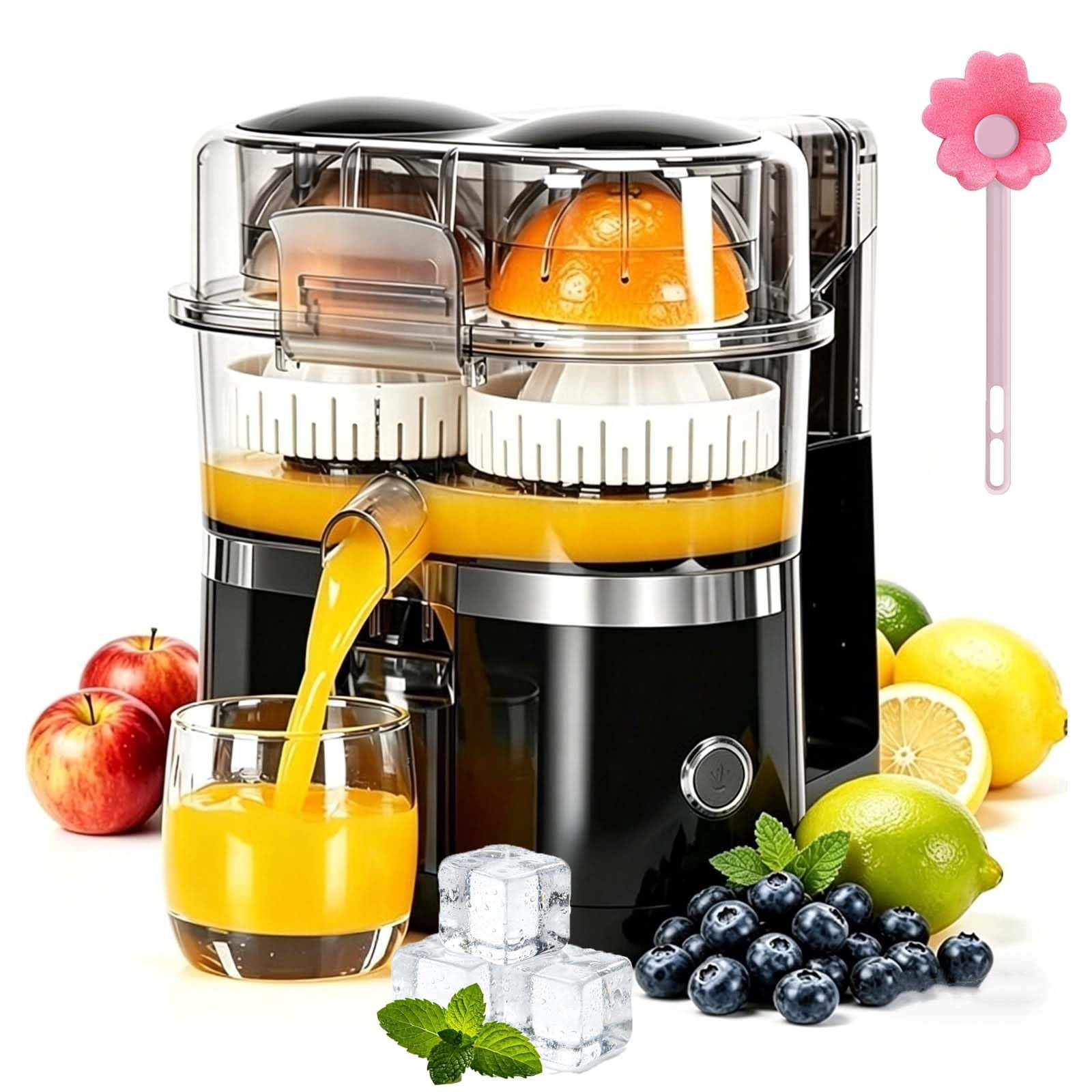 Dual-Head Automatic Citrus Juicer, Electric Orange Juicer Machine with Built-in Cutter and Cleaning Brush, One-Touch Juicing for Orange, Lemon, Lime, Detachable, Easy to Clean