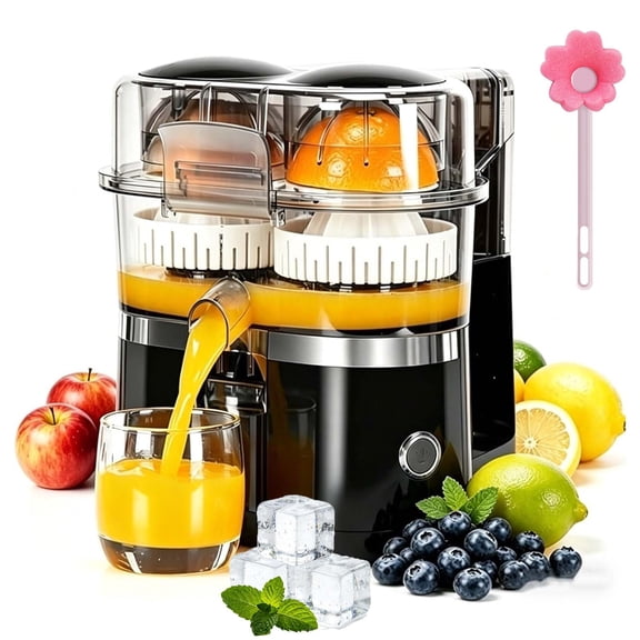 Dual-Head Automatic Citrus Juicer, Electric Orange Juicer Machine with Built-in Cutter and Cleaning Brush, One-Touch Juicing for Orange, Lemon, Lime, Detachable, Easy to Clean