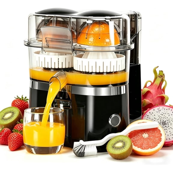 Dual-Head Automatic Citrus Juicer Electric Orange Lemon Lime Press Squeezer Machine for Fresh Juice Home Kitchen Mini Fruit Juice Extractor Easy Clean (Black)