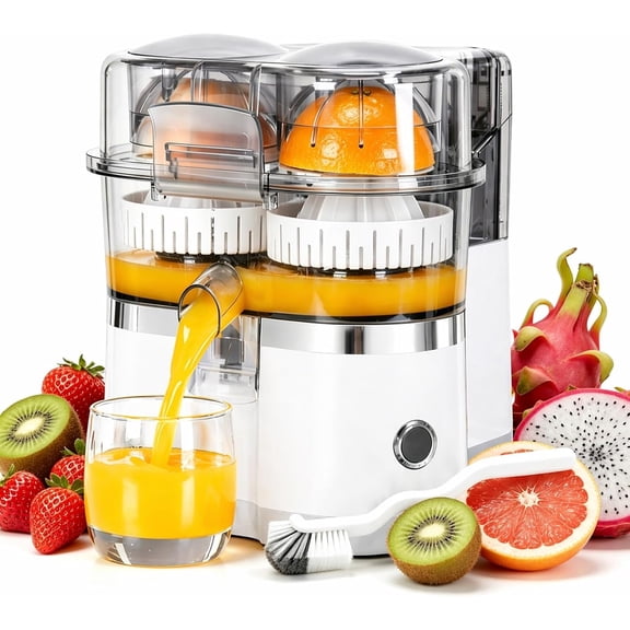 Dual-Head Automatic Citrus Juicer Electric Orange Lemon Lime Press Squeezer Machine for Fresh Juice Home Kitchen Mini Fruit Juice Extractor Easy Clean (White)