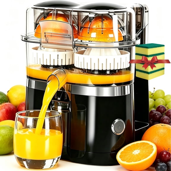 Dual-Head Automatic Citrus Juicer, Electric Orange Lemon Lime Squeezer, 1-Button Juicer Machine with Built-in Cutter, Easy to Clean & Use