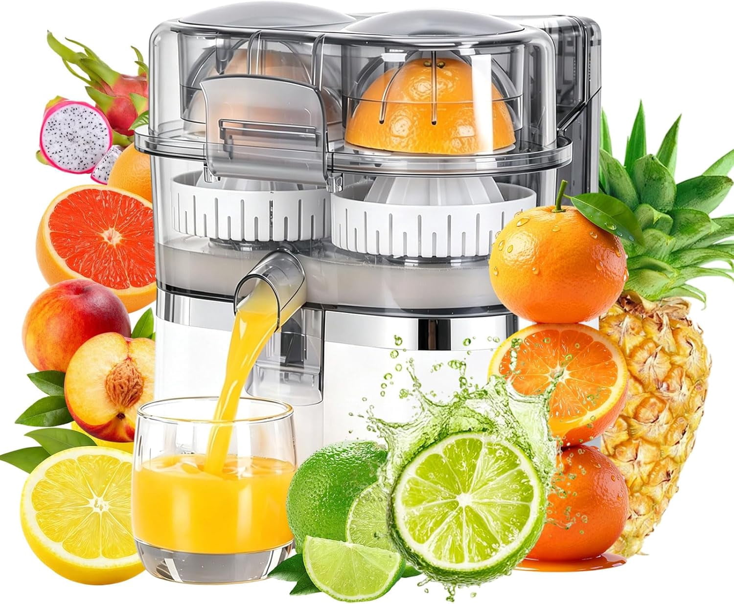 Dual-Head Automatic Citrus Juicer, Orange Juicer Electric, 1-Button Automatic Juicer Machine for Orange, Lemon, Lime, Easy to Clean & Use, Built-in Cutter and Cleaning Brush (White)