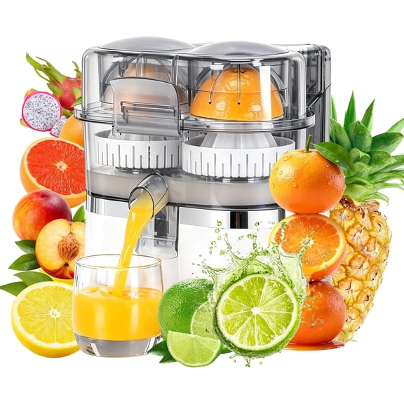 Dual-Head Automatic Citrus Juicer, Orange Juicer Electric, 1-Button Automatic Juicer Machine for Orange, Lemon, Lime, Easy to Clean & Use, Built-in Cutter and Cleaning Brush (White)