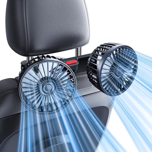 Dual-Head Car Fan, Rear Seat Car Fan, Powerful Airflow, 360 Rotation, Blows Both Left & Right, Adjustable Angle, Perfect for Pets Kids, Front & Back Seats, USB Powered, Adjustable Clip