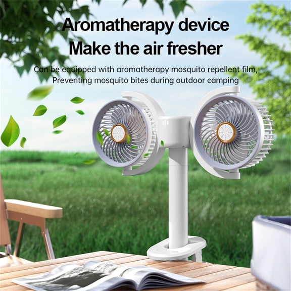Dual Head Clip Fan 4 Speed USB Rechargeable 2400mAh Strong Wind Silent Portable Desk Wall Mounted Air Circulator with Timer Light